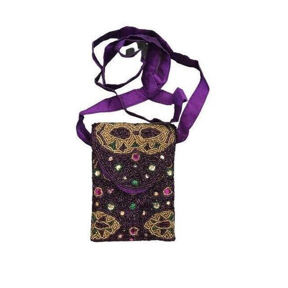Mardi Gras Mask Purple Beaded Crossbody Bag/Purse - Picture 1 of 3